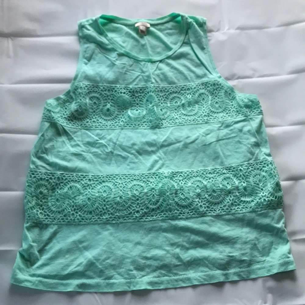 J Crew Cotton Scoop Neck Tank With Lace, Size Medium in Mint Green